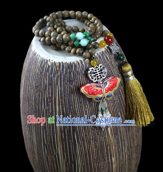 Traditional Chinese Accessories National Embroidered Necklace, China Sandalwood Beads Tassel Necklet for Women