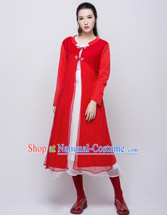 Traditional Chinese Costume Elegant Hanfu Long Coat, China Tang Suit Plated Buttons Red Dust Coat Cardigan Clothing for Women