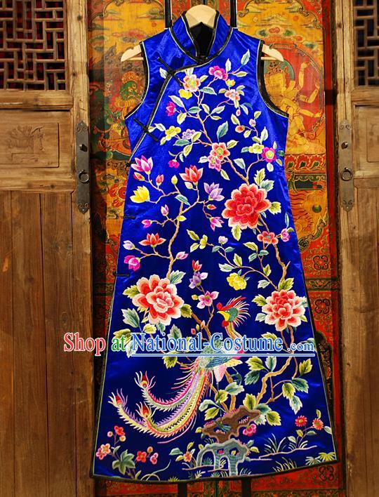 Traditional Chinese Costume Elegant Hanfu Embroidery Peony Phoenix Dress, China Tang Suit Plated Buttons Blue Cheongsam Silk Qipao Dress Clothing for Women