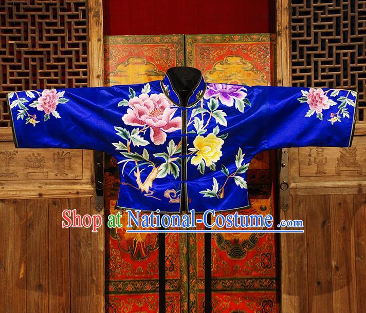 Traditional Chinese Costume Elegant Hanfu Embroidery Peony Coat Blouse, China Tang Suit Plated Buttons Blue Jacket Clothing for Women