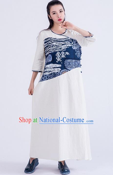 Traditional Chinese Costume Elegant Hanfu Printing Dress, China Tang Suit Linen Qipao Dress Clothing for Women