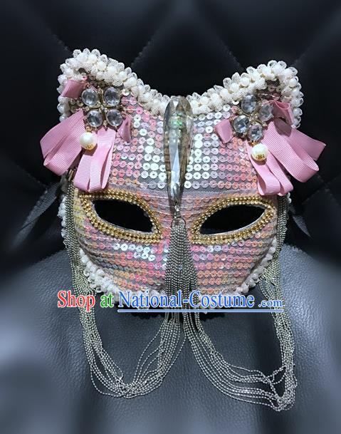 Top Grade Halloween Masquerade Accessories Crystal Mask, Brazilian Carnival Pink Cat Mask for Women