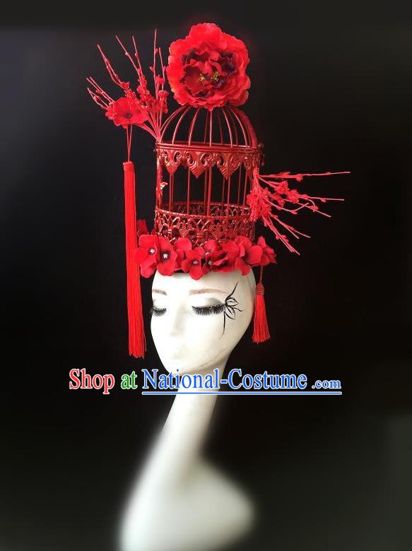 Top Grade Chinese Traditional Halloween Hair Accessories, China Style Cosplay Red Birdcage Headwear Catwalks Headpiece for Women