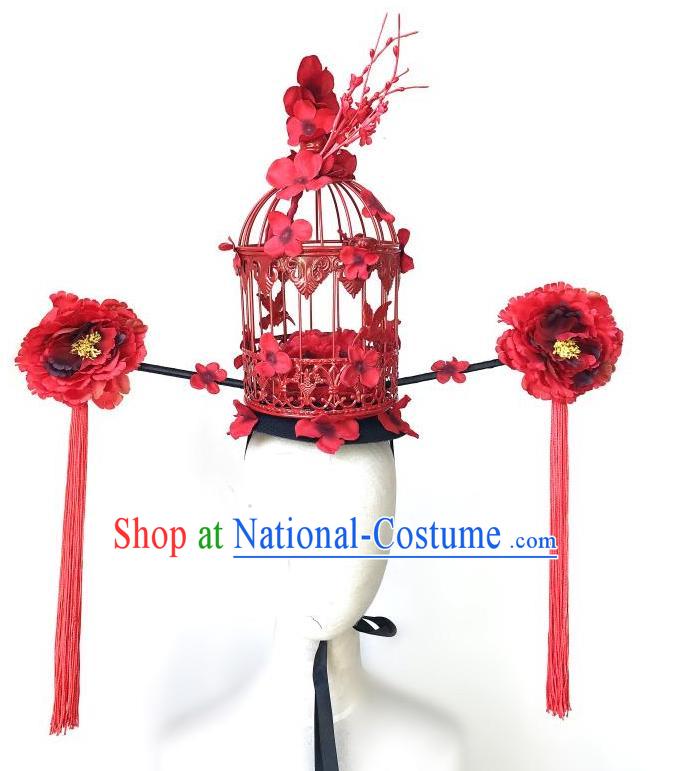 Top Grade Chinese Traditional Halloween Red Peony Hair Accessories, China Style Cosplay Birdcage Headwear Catwalks Headpiece for Women