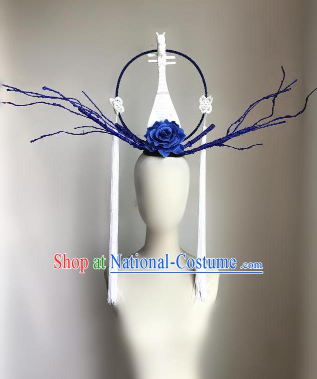 Top Grade Chinese Traditional Halloween Blue Peony Hair Accessories, China Style Cosplay Lute Headwear Catwalks Headpiece for Women