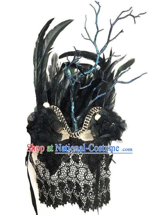 Top Grade Halloween Masquerade Accessories Ceremonial Occasions Handmade Model Show Mask Black Feather Headwear, Brazilian Carnival Lace Veil Mask for Men