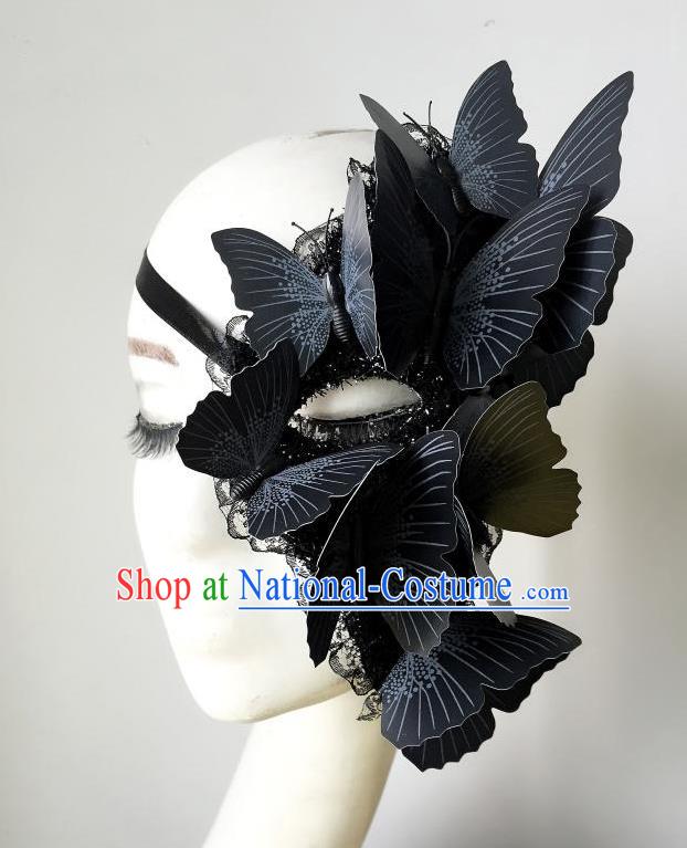 Top Grade Halloween Masquerade Ceremonial Occasions Handmade Model Show Black Butterfly Mask Headwear, Brazilian Carnival Half Mask for Women