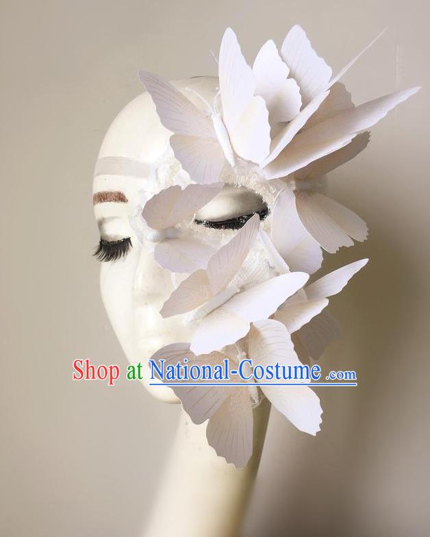 Top Grade Halloween Masquerade Ceremonial Occasions Handmade Model Show White Butterfly Mask Headwear, Brazilian Carnival Half Mask for Women