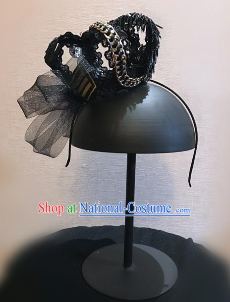 Top Grade Halloween Masquerade Ceremonial Occasions Handmade Model Show Baroque Headwear Hair Crown, Brazilian Carnival Black Lace Headdress for Women