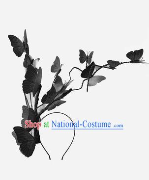 Top Grade Halloween Masquerade Ceremonial Occasions Handmade Model Show Baroque Black Butterfly Headwear, Brazilian Carnival Hair Clasp Headdress for Women