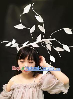 Top Grade Halloween Masquerade Ceremonial Occasions Handmade Model Show Baroque White Leaf Headwear, Brazilian Carnival Hair Clasp Headdress for Women