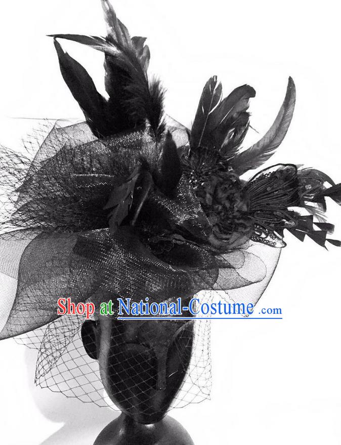 Top Grade Halloween Masquerade Ceremonial Occasions Handmade Model Show Baroque Black Feather Hair Accessories Headdress for Women