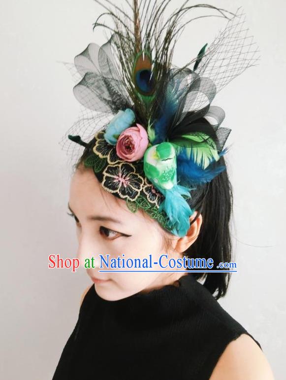 Top Grade Halloween Masquerade Ceremonial Occasions Handmade Model Show Baroque Black Veil Feather Hair Accessories Flowers Headdress for Women