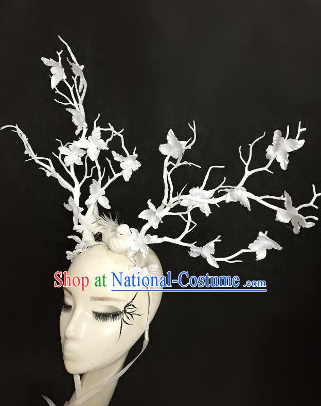 Top Grade Halloween Masquerade Ceremonial Occasions Handmade Model Show Baroque White Flowers Hair Accessories Hair Clasp Headdress Hat for Women