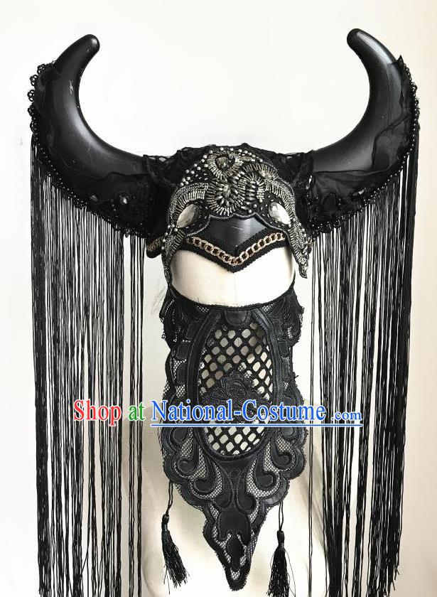 Top Grade Halloween Masquerade Ceremonial Occasions Handmade Model Show Black Ox Horn Hair Accessories Headdress Tassel Pirate Hat for Women