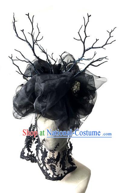 Top Grade Halloween Masquerade Ceremonial Occasions Handmade Model Show Black Veil Hair Accessories Headdress Vintage Princess Hat for Women