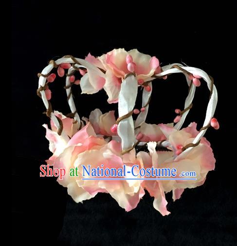 Top Grade Chinese Theatrical Headdress Ornamental Pink Flowers Hair Accessories, Ceremonial Occasions Handmade Halloween Royal Crown for Women