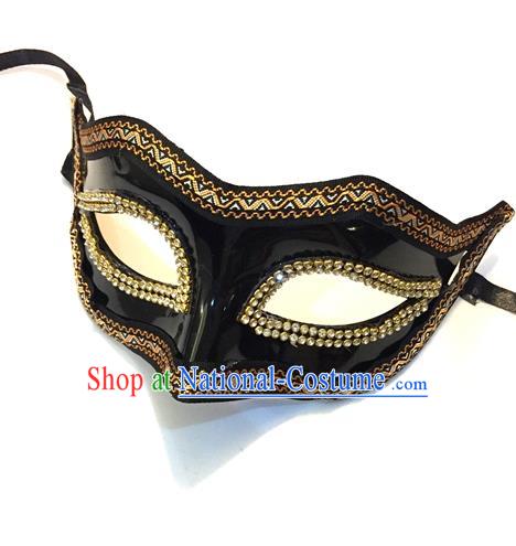 Top Grade Chinese Theatrical Headdress Ornamental Black Mask, Halloween Fancy Ball Ceremonial Occasions Handmade Crystal Blindfold for Men