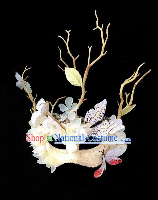 Top Grade Chinese Theatrical Luxury Headdress Ornamental Branch Butterfly Mask, Halloween Fancy Ball Ceremonial Occasions Handmade Bride Face Mask for Women