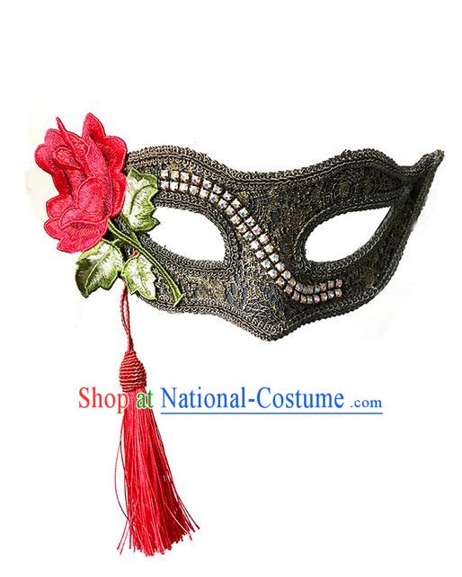 Top Grade Chinese Theatrical Luxury Headdress Ornamental Red Tassel Mask, Halloween Fancy Ball Ceremonial Occasions Handmade Flower Face Mask for Men