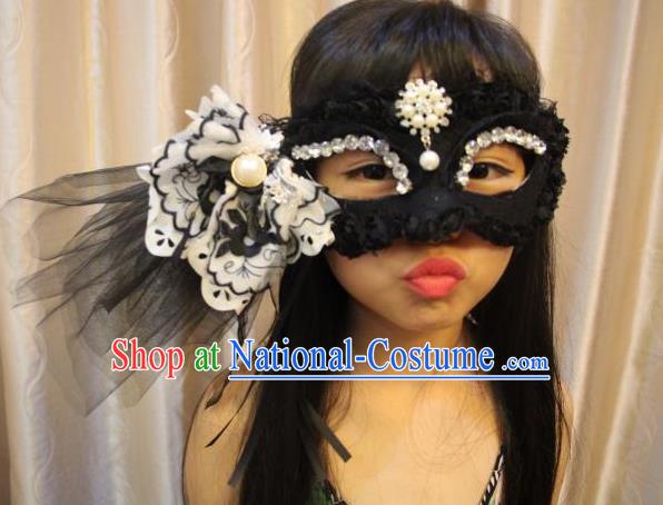 Top Grade Chinese Theatrical Luxury Headdress Ornamental Black Veil Mask, Halloween Fancy Ball Ceremonial Occasions Handmade Flower Face Mask for Women