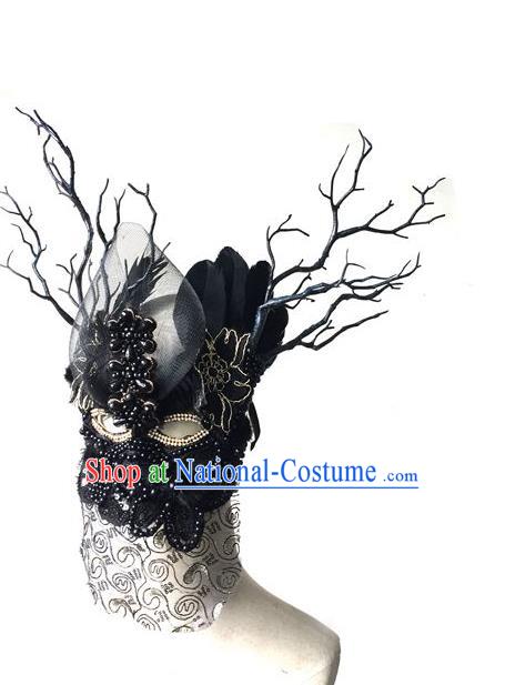 Top Grade Chinese Theatrical Luxury Headdress Ornamental Black Feather Veil Mask, Halloween Fancy Ball Ceremonial Occasions Handmade Headwear Face Mask for Women