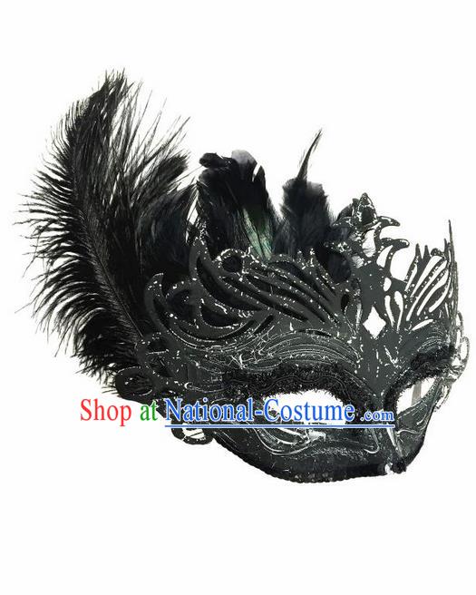 Top Grade Chinese Theatrical Luxury Headdress Ornamental Black Feather Mask, Halloween Fancy Ball Ceremonial Occasions Handmade Face Mask for Women