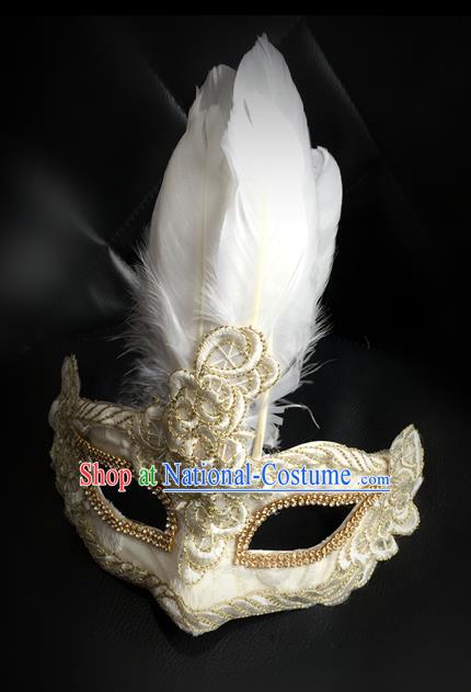 Top Grade Chinese Theatrical Luxury Headdress Ornamental Feather Mask, Halloween Fancy Ball Ceremonial Occasions Handmade White Face Mask for Men