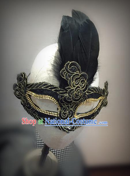 Top Grade Chinese Theatrical Luxury Headdress Ornamental Feather Mask, Halloween Fancy Ball Ceremonial Occasions Handmade Black Face Mask for Men