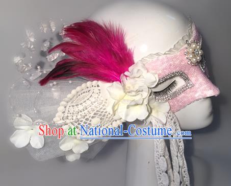 Top Grade Chinese Theatrical Luxury Headdress Ornamental Feather Mask, Halloween Fancy Ball Ceremonial Occasions Handmade Lace Face Mask for Women