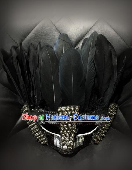 Top Grade Chinese Theatrical Luxury Headdress Ornamental Feather Mask, Halloween Fancy Ball Ceremonial Occasions Handmade Jazz Dance Face Mask for Men