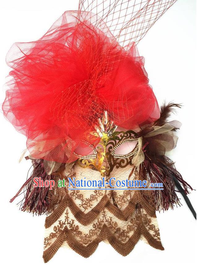 Top Grade Chinese Theatrical Luxury Headdress Ornamental Red Lace Mask, Halloween Fancy Ball Ceremonial Occasions Handmade Veil Face Mask for Women