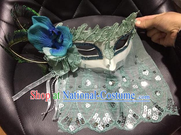 Top Grade Chinese Theatrical Luxury Headdress Ornamental Green Lace Mask, Halloween Fancy Ball Ceremonial Occasions Handmade Flower Face Mask for Women