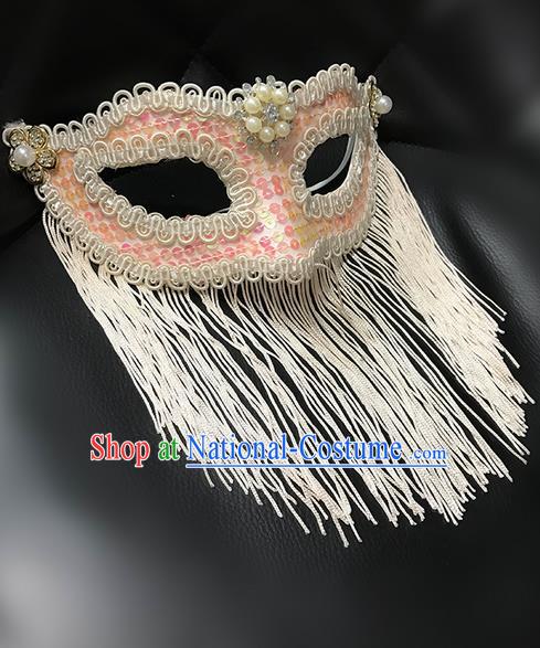 Top Grade Chinese Theatrical Luxury Headdress Ornamental Jazz Dance Mask, Halloween Fancy Ball Ceremonial Occasions Handmade Pink Tassel Face Mask for Men