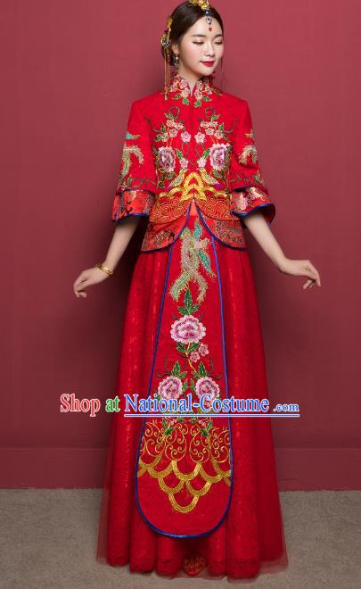 Traditional Ancient Chinese Wedding Costume Handmade XiuHe Suits Embroidery Peony Dress Bride Toast Red Veil Cheongsam, Chinese Style Hanfu Wedding Clothing for Women