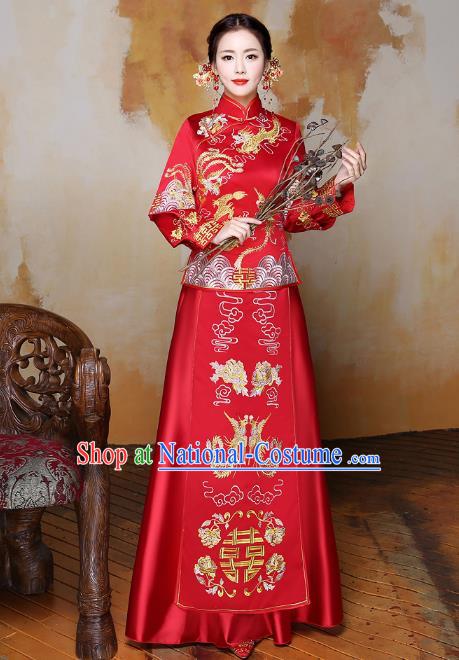 Traditional Ancient Chinese Wedding Costume Handmade XiuHe Suits Embroidery Phoenix Dress Bride Toast Red Cheongsam, Chinese Style Hanfu Wedding Clothing for Women