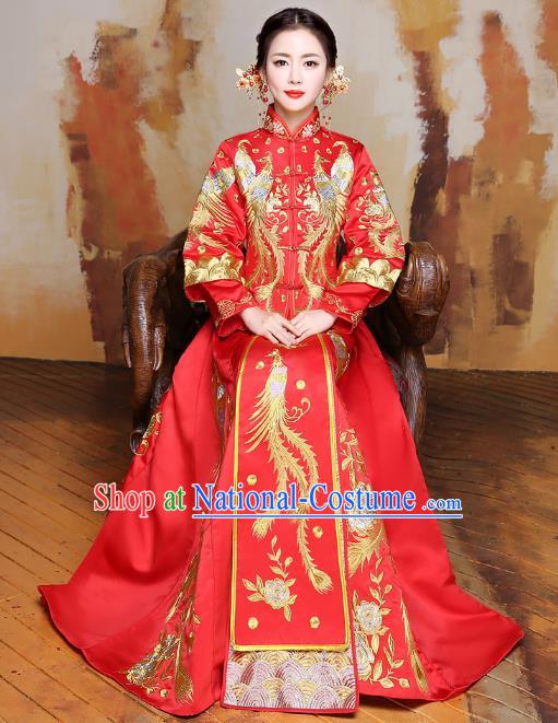 Traditional Ancient Chinese Wedding Costume Handmade XiuHe Suits Embroidery Phoenix Dress Longfeng Gown Bride Toast Red Plated Buttons Cheongsam, Chinese Style Hanfu Wedding Clothing for Women