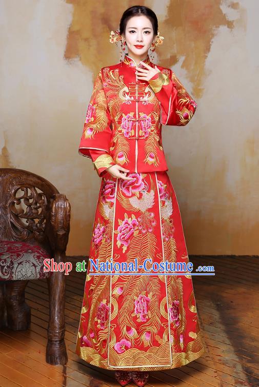 Traditional Ancient Chinese Wedding Costume Handmade XiuHe Suits Embroidery Phoenix Longfeng Gown Bride Toast Plated Buttons Cheongsam, Chinese Style Hanfu Wedding Clothing for Women