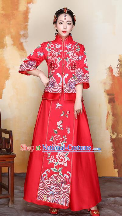 Traditional Ancient Chinese Wedding Costume Handmade XiuHe Suits Embroidery Peony Red Dress Bride Toast Cheongsam, Chinese Style Hanfu Wedding Clothing for Women