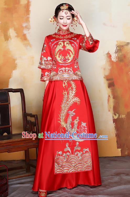 Traditional Ancient Chinese Wedding Costume Handmade XiuHe Suits Embroidery Xi Clothing Bride Toast Plated Buttons Cheongsam, Chinese Style Hanfu Wedding Clothing for Women