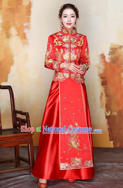 Traditional Ancient Chinese Wedding Costume Handmade XiuHe Suits Embroidery Phoenix Xi Clothing Bride Toast Cheongsam, Chinese Style Hanfu Wedding Clothing for Women