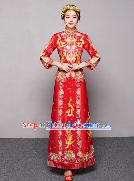 Traditional Ancient Chinese Wedding Costume Handmade XiuHe Suits Embroidery Dragon and Phoenix Xi Clothing Bride Toast Cheongsam, Chinese Style Hanfu Wedding Clothing for Women