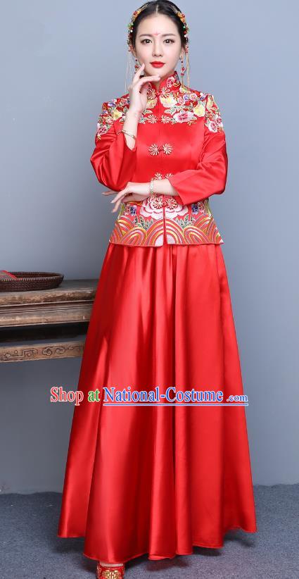 Traditional Ancient Chinese Wedding Costume Handmade XiuHe Suits Embroidery Peony Xi Clothing Bride Toast Cheongsam, Chinese Style Hanfu Wedding Clothing for Women