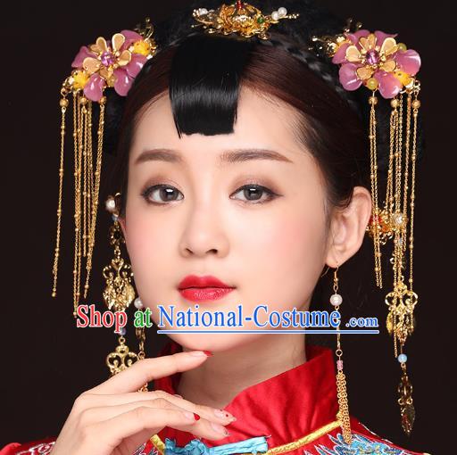 Traditional Handmade Chinese Ancient Classical Hair Accessories Bride Wedding Tassel Pink Flower Hair Comb, Xiuhe Suit Hair Jewellery Hair Fascinators Hairpins for Women