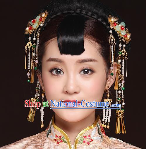 Traditional Handmade Chinese Ancient Classical Hair Accessories Bride Wedding Barrettes Tassel Phoenix Coronet, Xiuhe Suit Hair Jewellery Hair Fascinators Hairpins for Women