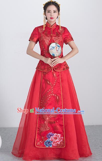 Traditional Ancient Chinese Wedding Costume Handmade XiuHe Suits Embroidery Phoenix Red Short Sleeve Dress Bride Toast Cheongsam, Chinese Style Hanfu Wedding Clothing for Women