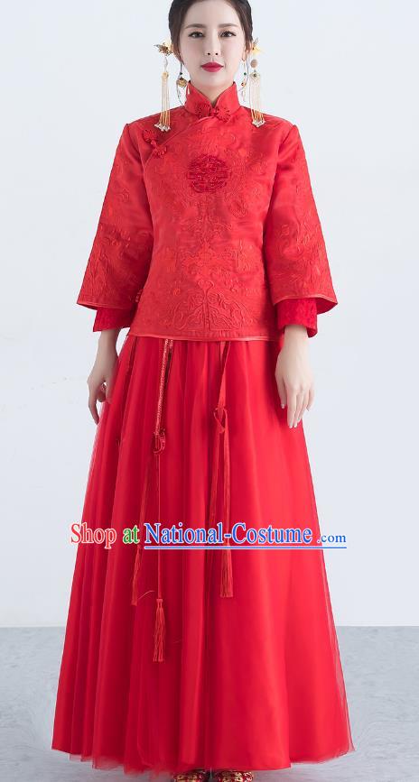 Traditional Ancient Chinese Wedding Costume Handmade XiuHe Suits Embroidery Red Veil Dress Bride Toast Cheongsam, Chinese Style Hanfu Wedding Clothing for Women