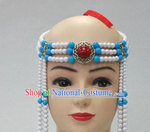 Traditional Handmade Chinese Mongol Nationality Handmade White Beads Tassel Hair Accessories, China Mongols Mongolian Minority Nationality Wedding Headwear for Women