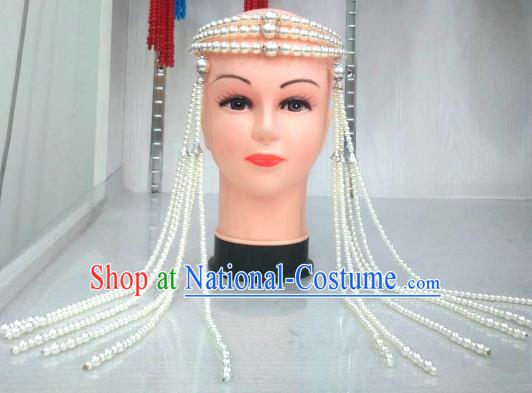 Traditional Handmade Chinese Mongol Nationality Handmade White Beads Tassel Hair Accessories, China Mongols Mongolian Minority Nationality Wedding Headwear for Women