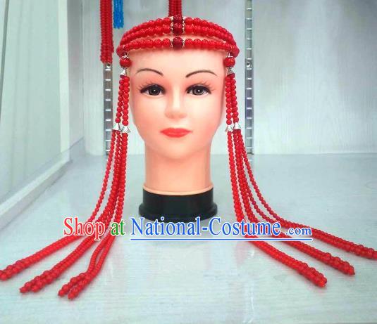 Traditional Handmade Chinese Mongol Nationality Handmade Red Beads Tassel Hair Accessories, China Mongols Mongolian Minority Nationality Wedding Headwear for Women